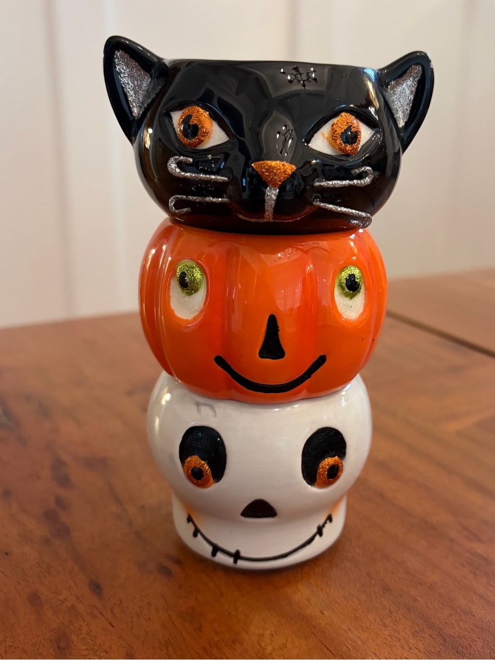 Hallmark Halloween Ceramic Stackable Tealight Holders Set 3 Pumpkin Cat Skull